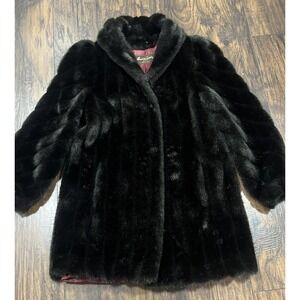Vintage American Signature Made In USA Woman Faux Fur Coat Size 14 Dark Brown